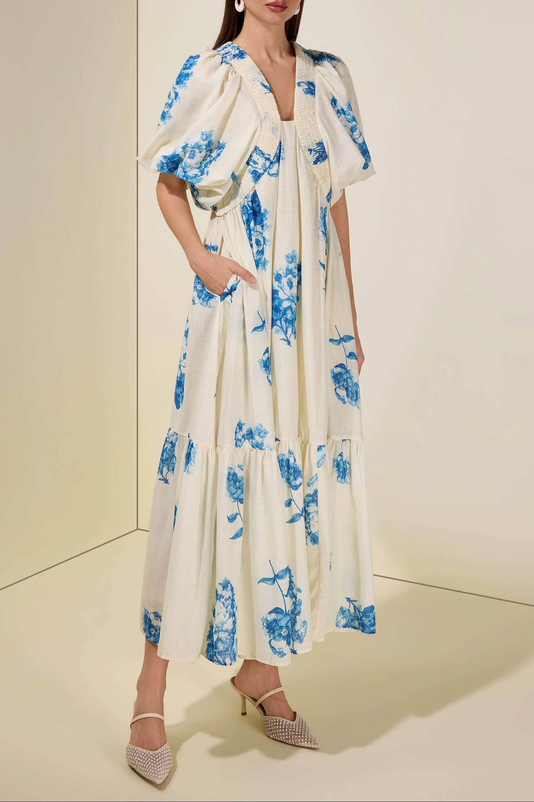 71c11172-c9e4-4561-b4e4-d15b9c68d38d SUSIE SMOCKED PUFF SLEEVE MIDI DRESS - BLUE COCKTAIL