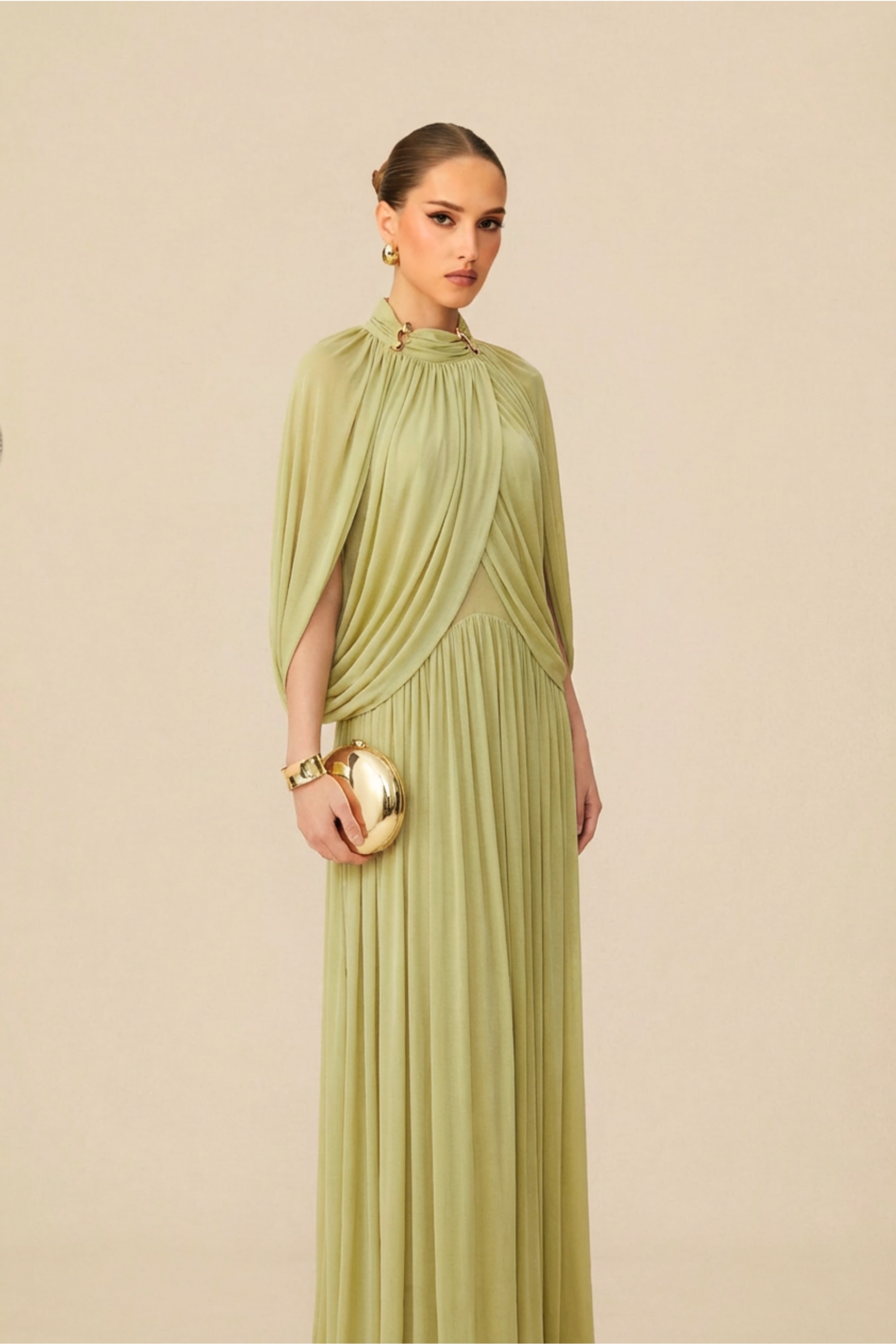 LEONA GREEN DRAPED CAPE MAXI DRESS