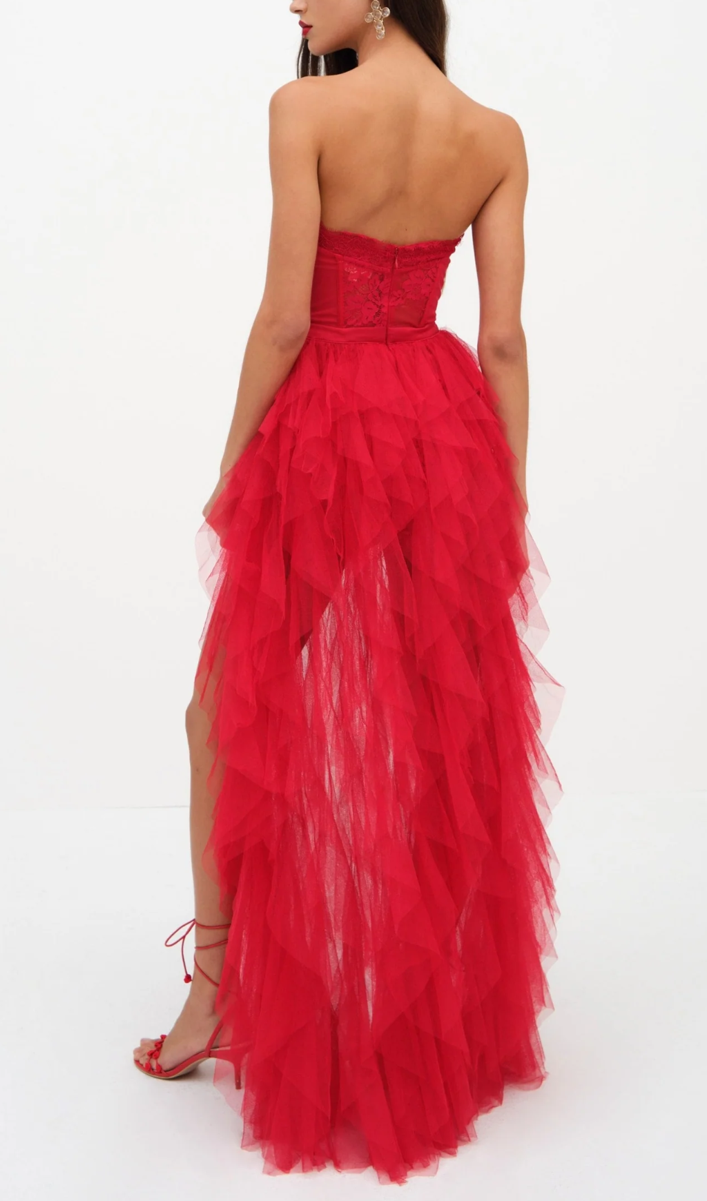 RED STRAPLESS LACE MESH MAXI DRESS, PARTY