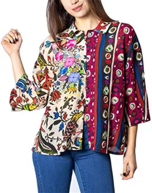 MULTICOLOR FOLK FLORAL PRINT THREE-QUARTER SLEEVE BUTTON-DOWN SHIRT