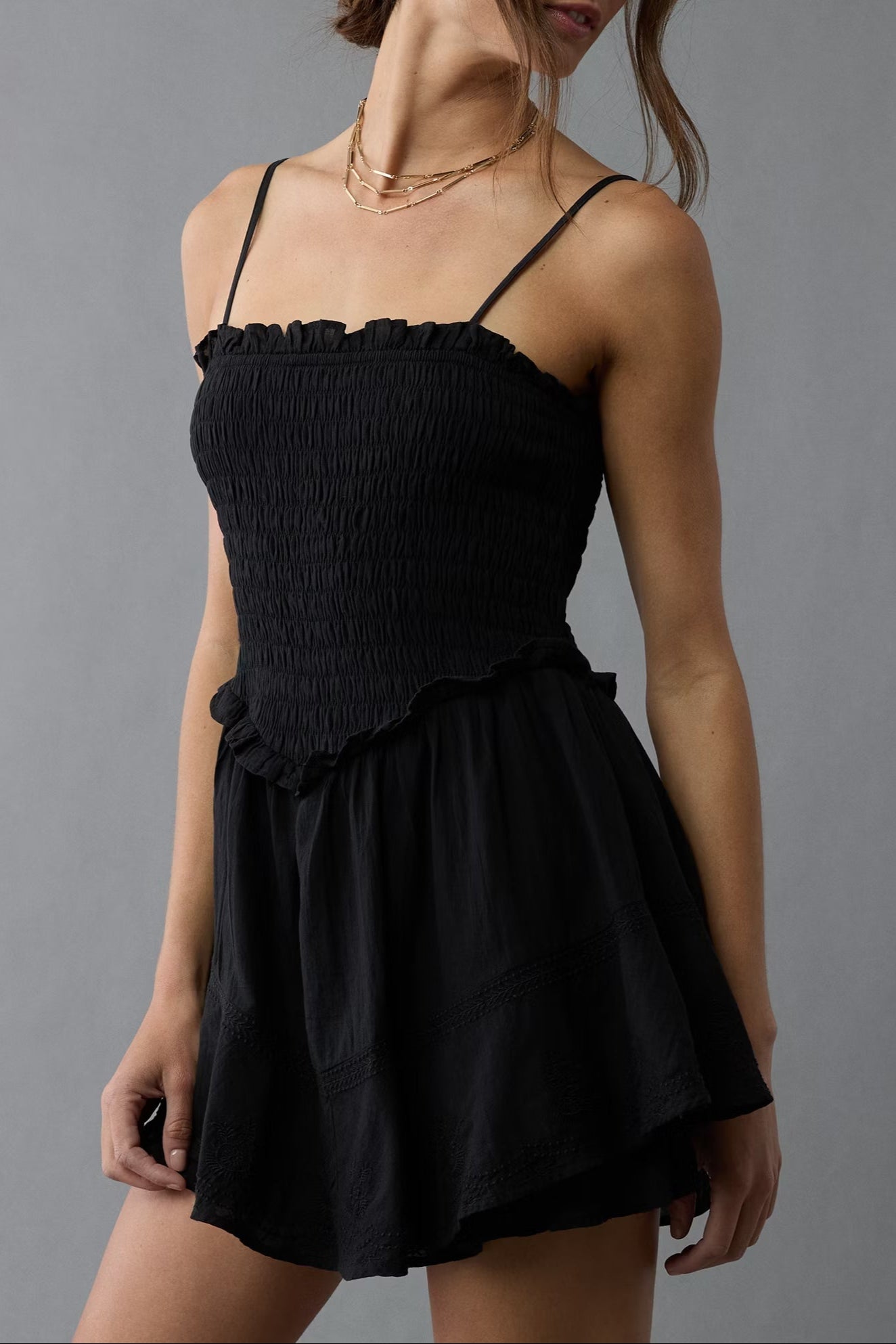 BLACK RUFFLE TIERED ROMPER MINI DRESS FOR PARTY