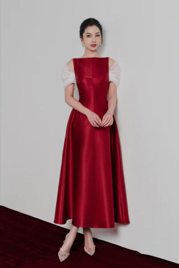 ELFA RED BOAT-NECK MIDI DRESS FOR EVENTS