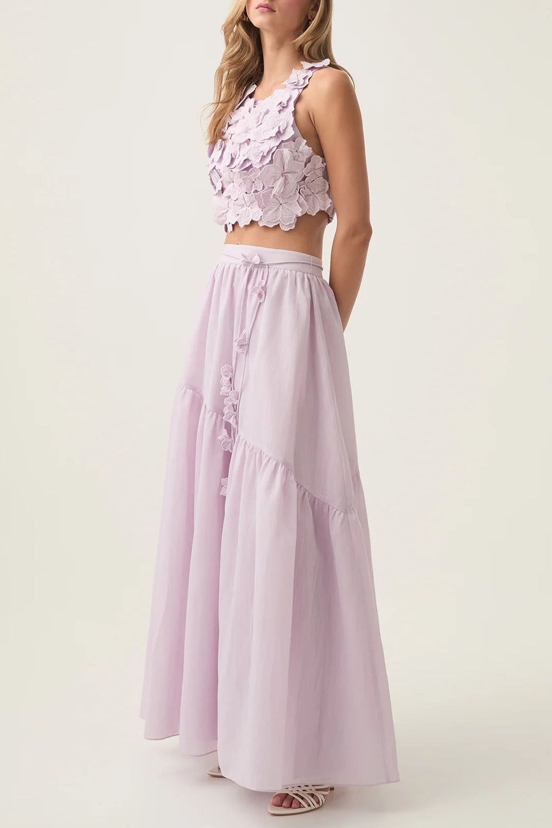 ASHLEY FLOWER SHELL TOP MAXI SKIRT SET PURPLE