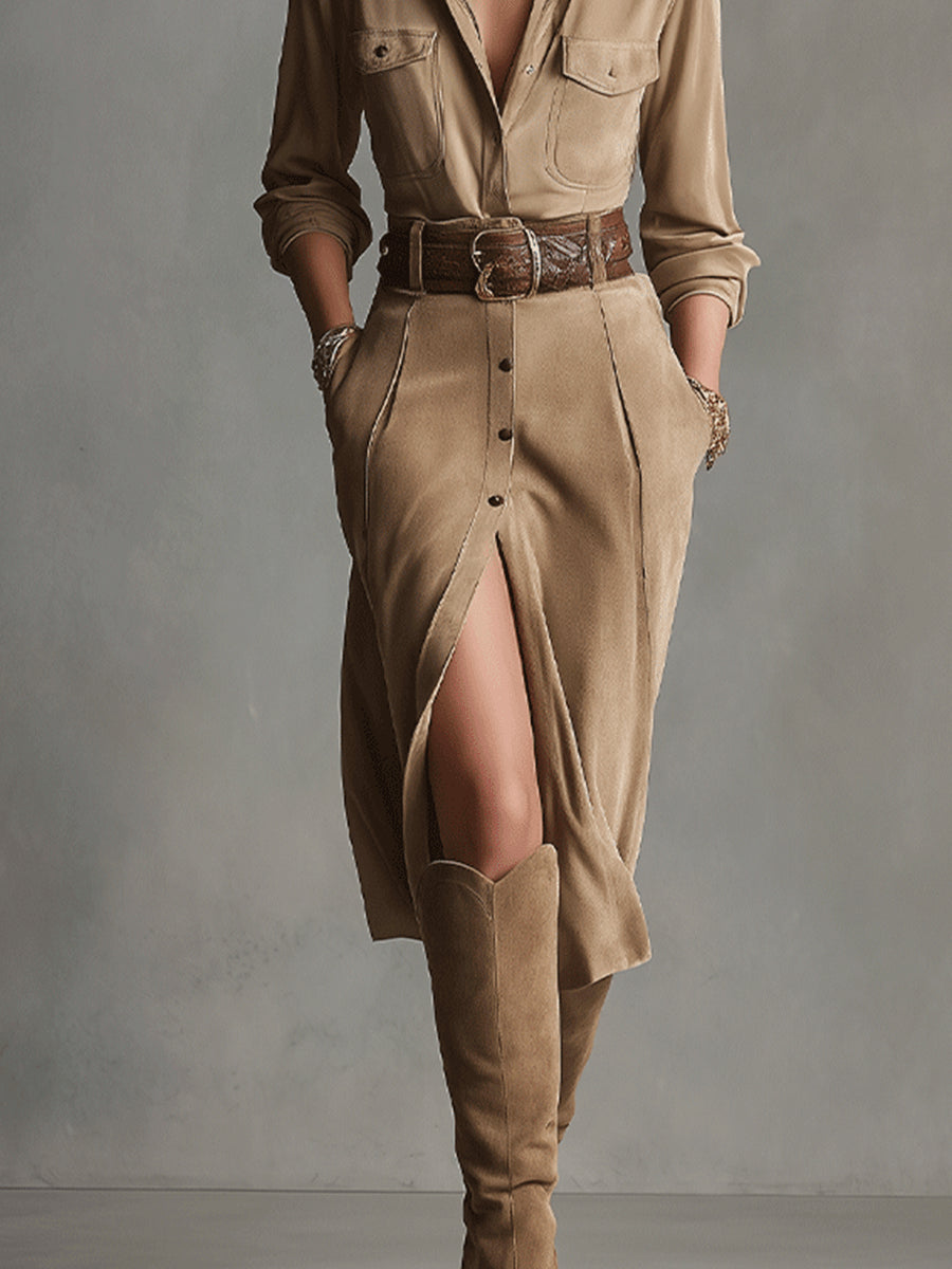 BROWN SUEDE MIDI DRESS FOR WOMEN CASUAL
