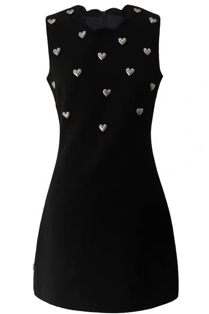SCALLOPED NECK HEART STUD SLEEVELESS BLACK MINI DRESS