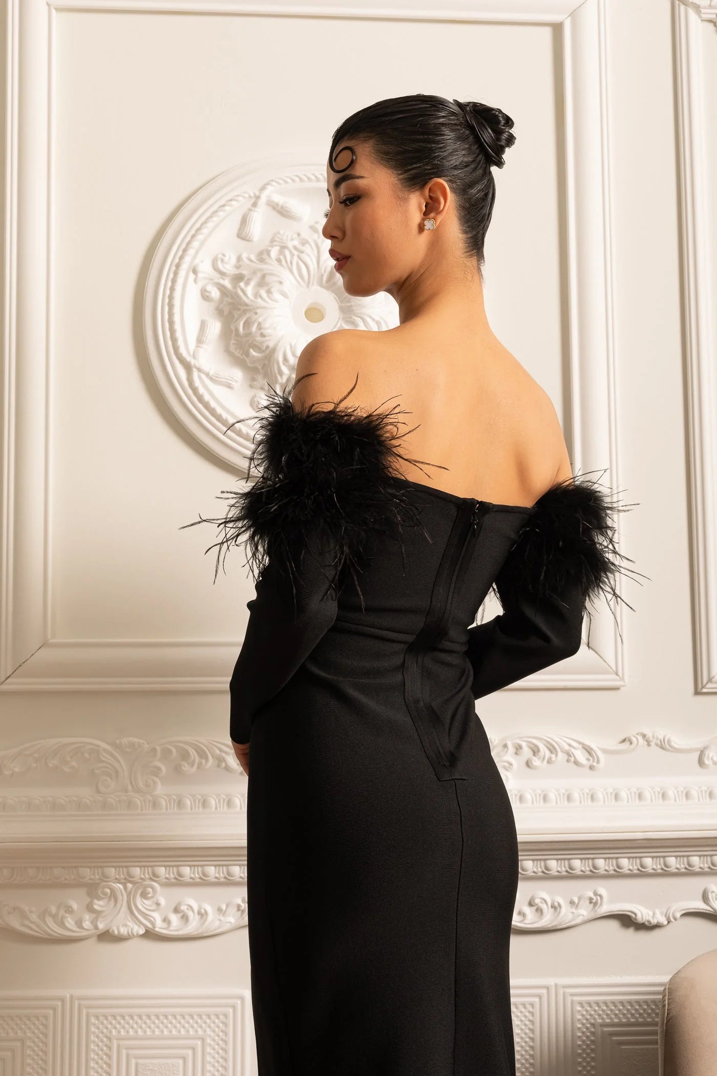 LARA SEQUIN FEATHER MAXI DRESS - BLACK, HIGH SLIT GOWN