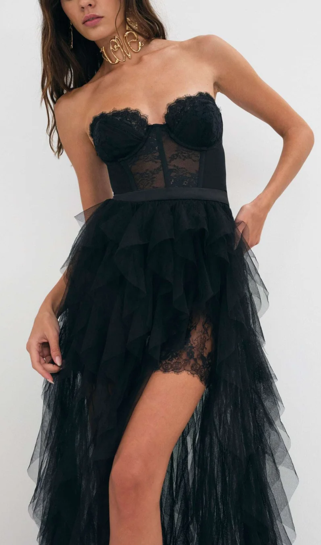 BLACK STRAPLESS LACE MESH MAXI DRESS
