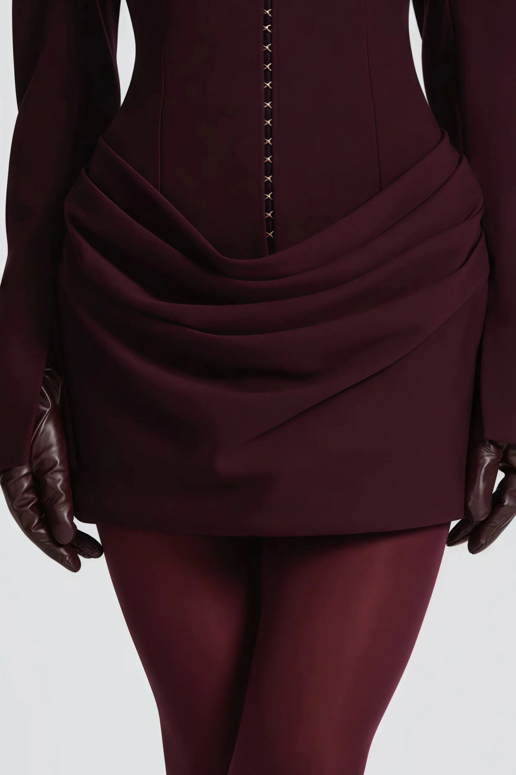 AMELIA V-NECK RUCHED BLAZER MINI DRESS IN WINE RED