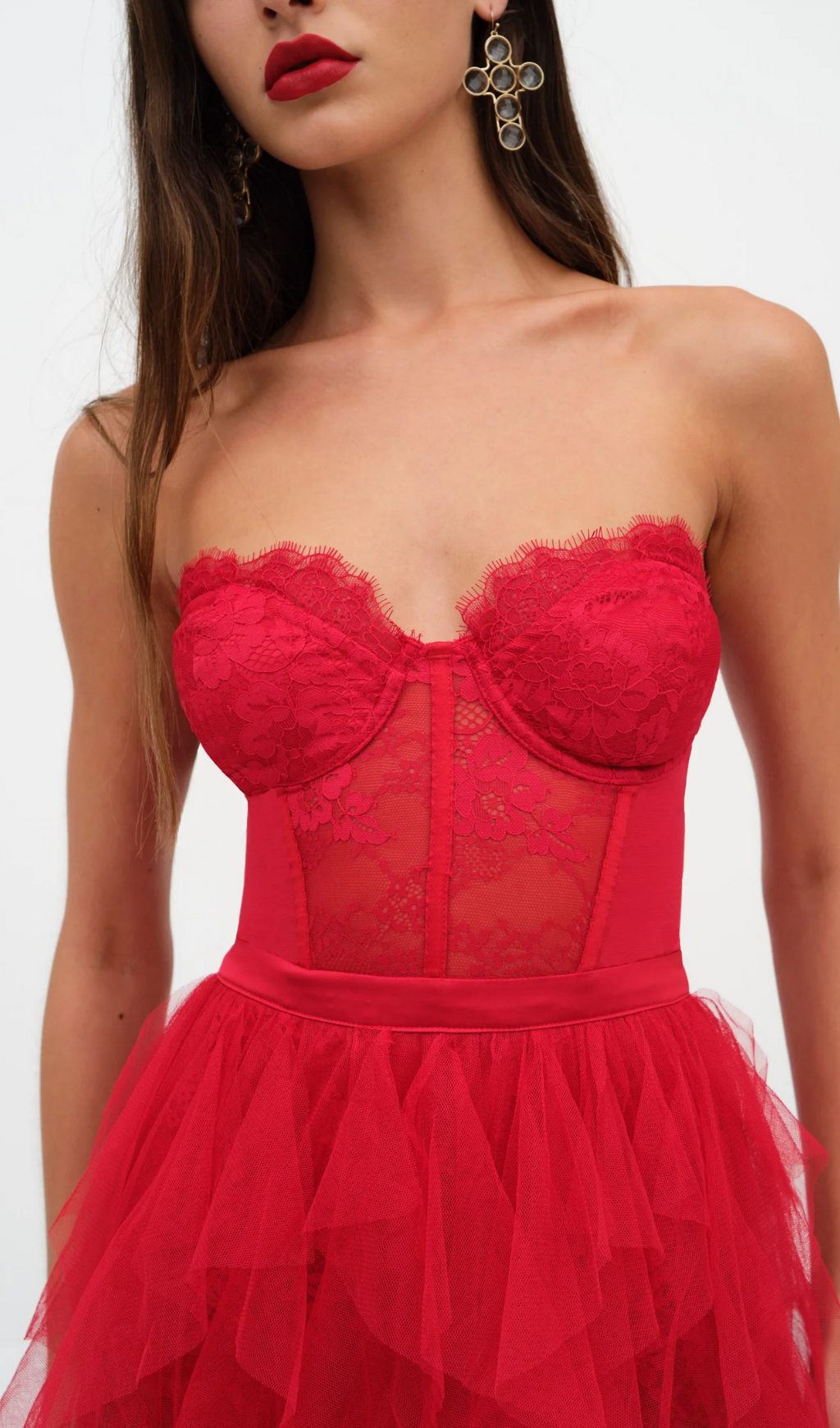RED STRAPLESS LACE MESH MAXI DRESS, PARTY