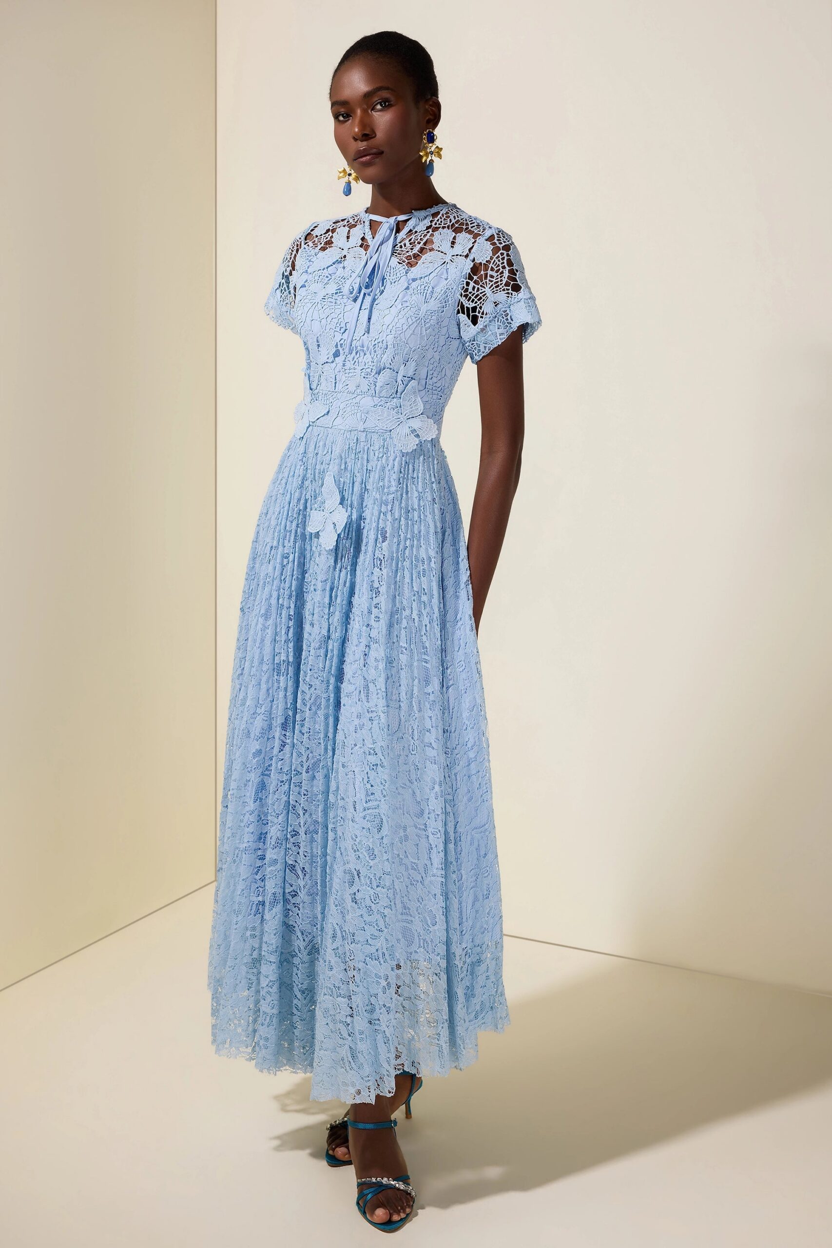SELENA LACE MIDI DRESS - BLUE BUTTERFLY PLEATS