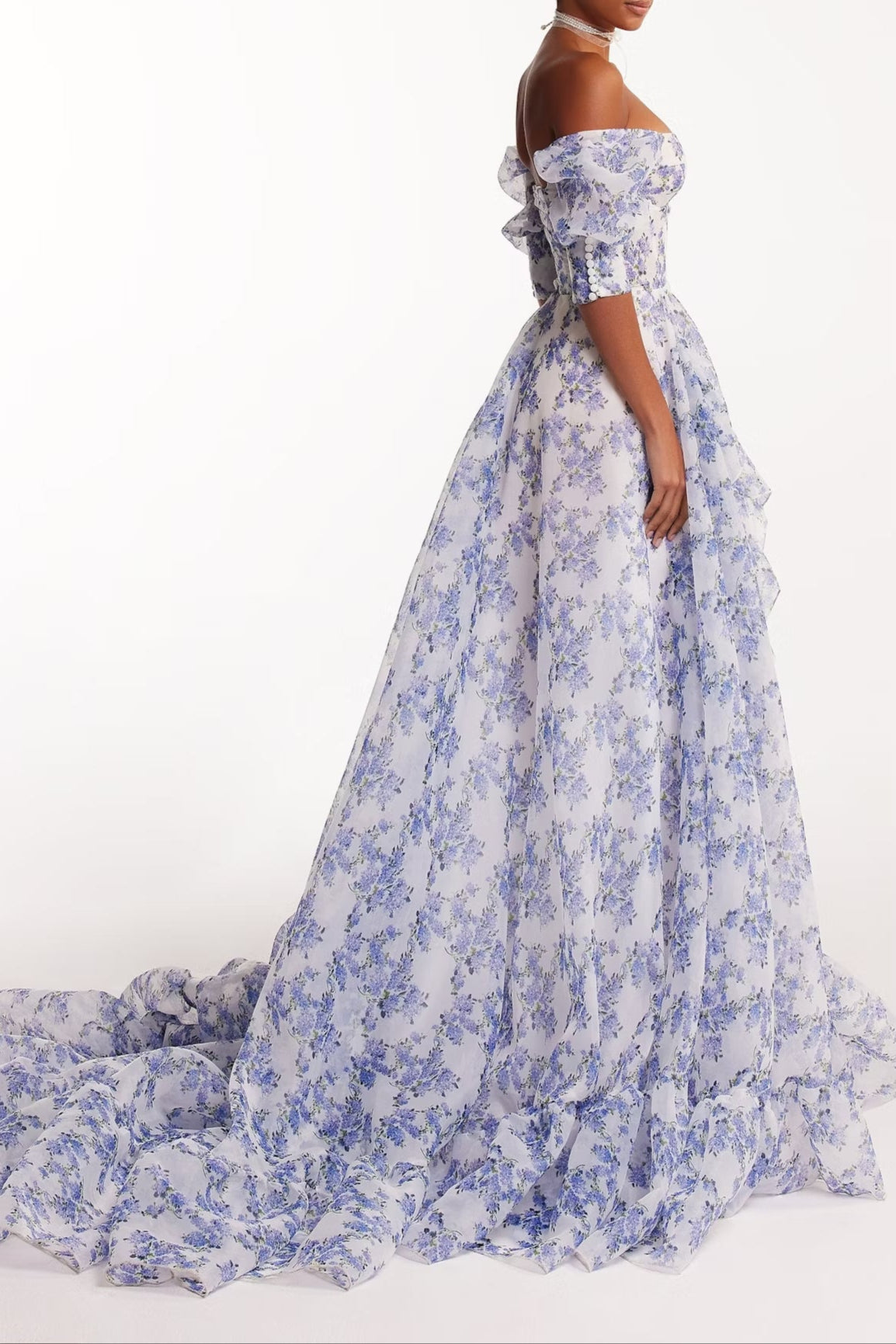 BLUE HYDRANGEA MAXI PRINCESS DRESS, A-LINE, WEDDING GUEST