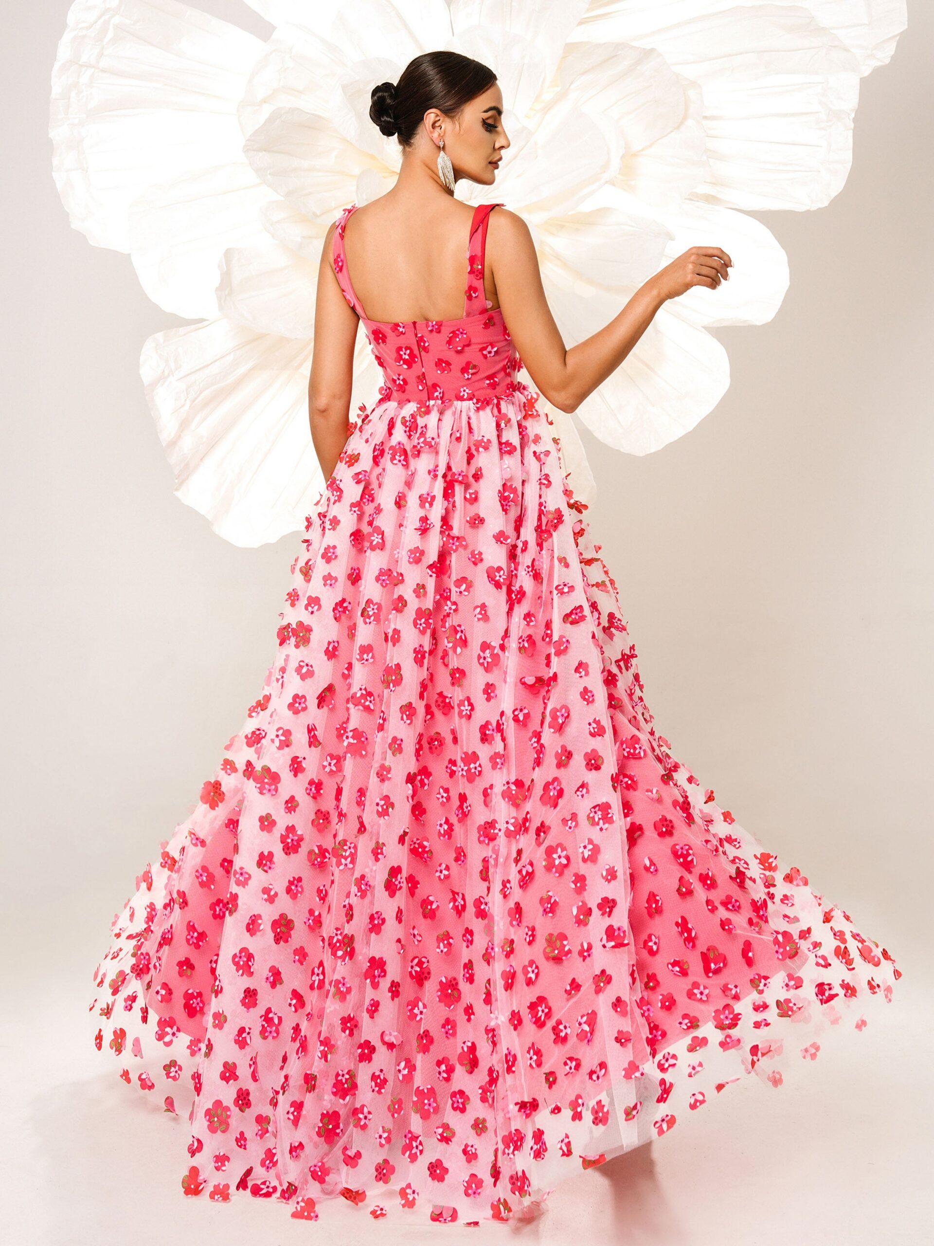 FLORAL TULLE DRESS WITH APPLIQUED PINK CAMISOLE