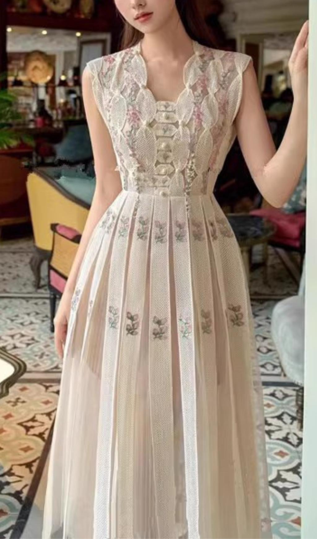 PEARL SLEEVELESS FLORAL MIDI DRESS FOR WEDDING