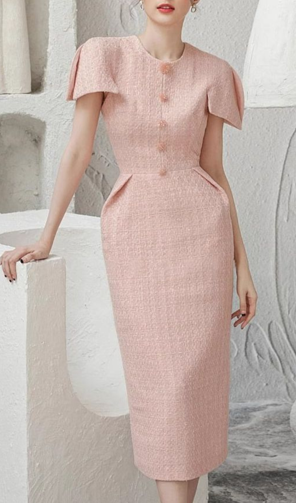 PINK TWEED BODYCON MIDI DRESS FOR PARTY