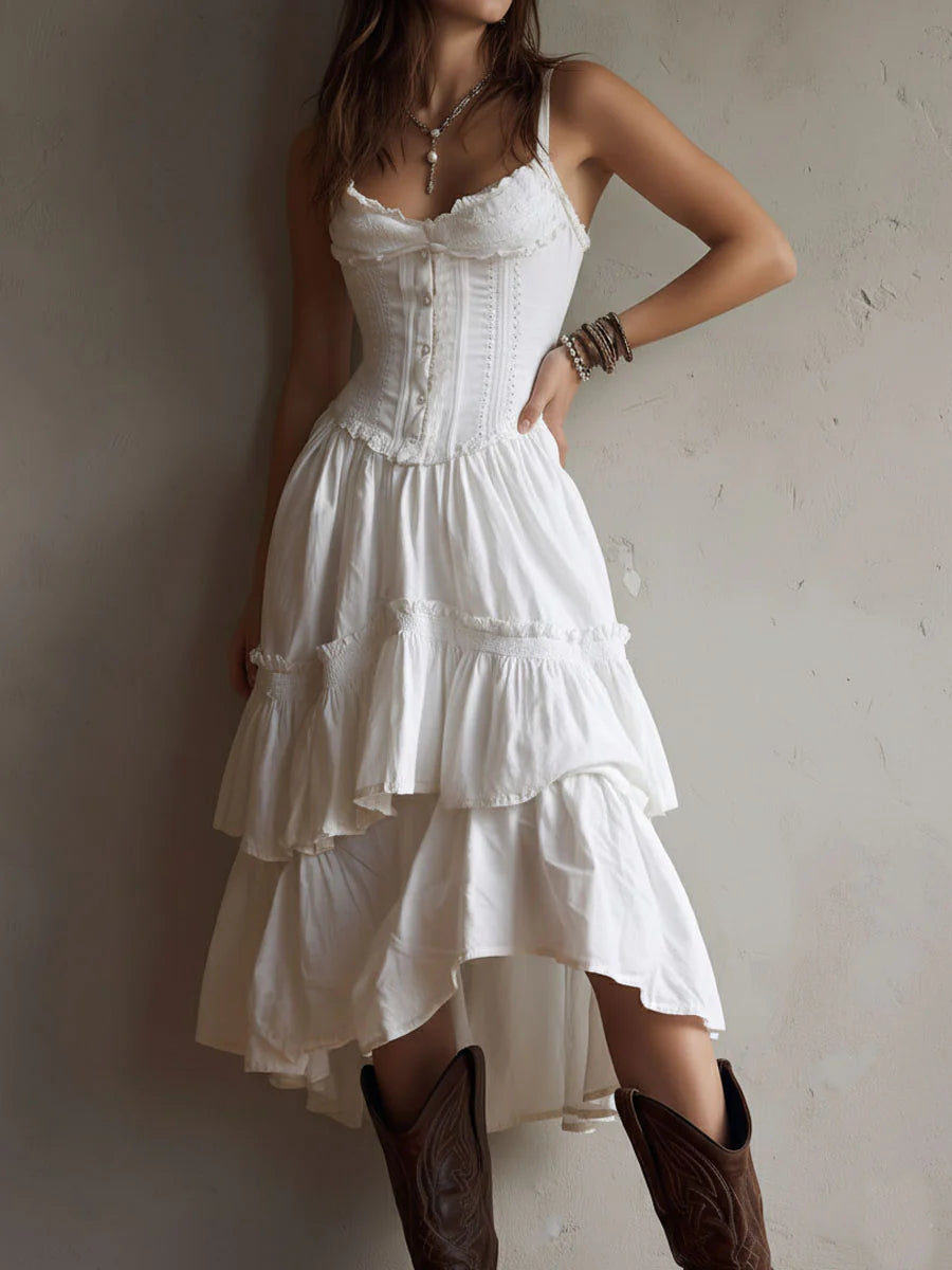 73ca633b-06d9-4b24-b023-dc5471f0e704 CORSET LACE TIERED MIDI DRESS, ROMANTIC PARTY