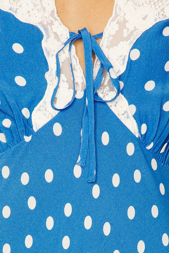 POLKA DOT LACE V-NECK MAXI DRESS IN BLUE
