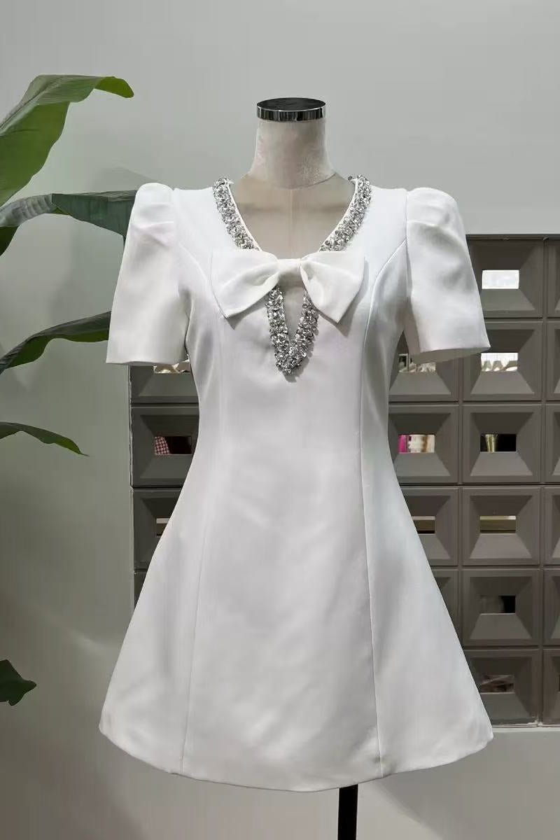 V-NECK DIAMOND CHAIN BOW MINI DRESS IVORY