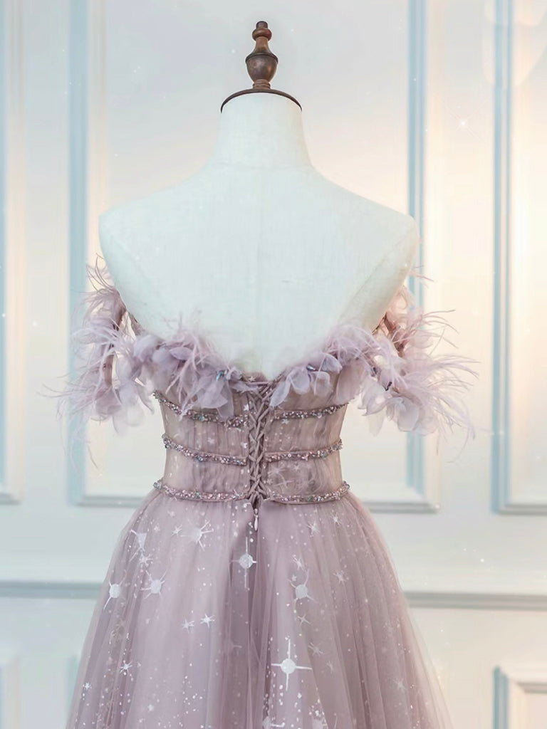 EMBELLISHED A-LINE OFF-SHOULDER TULLE LACE PINK DRESS