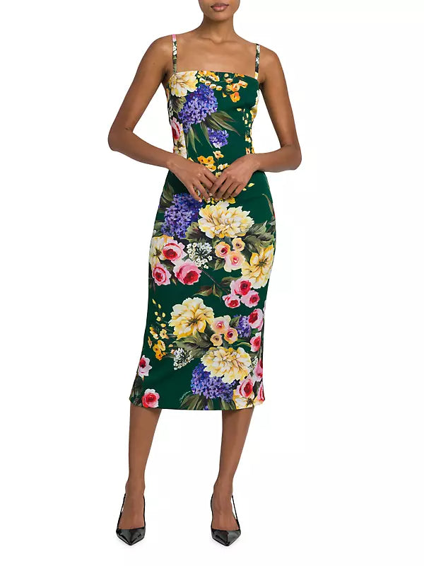 FLORAL GREEN SHEATH MIDI DRESS FOR WEDDING