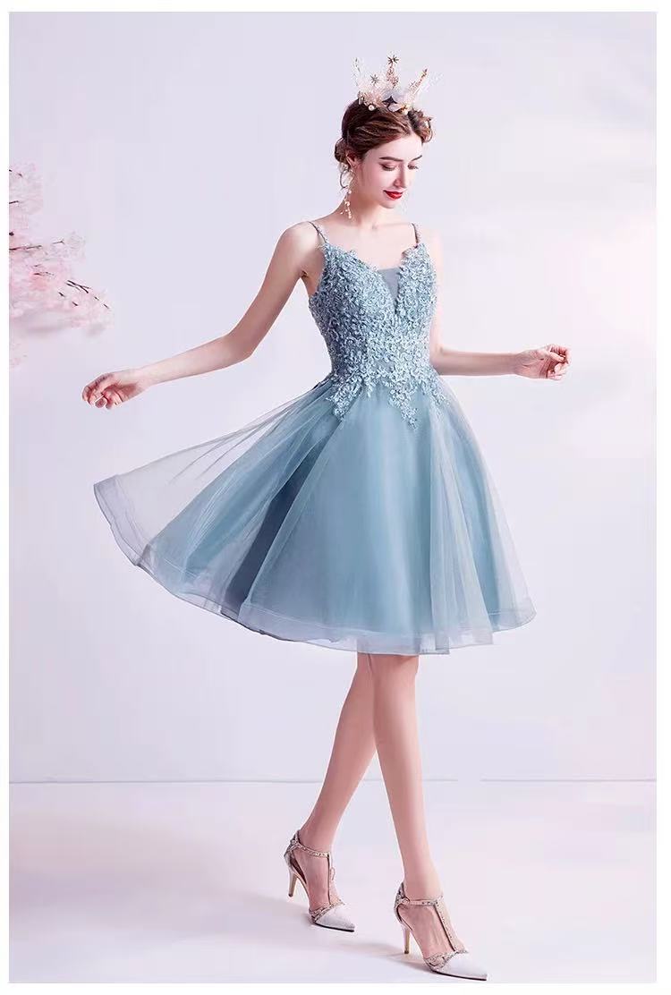 GRAY BLUE SEQUIN MIDI PROM DRESS