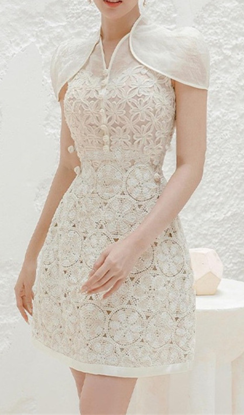 WHITE LACE SHAWL MINI DRESS FOR WEDDING