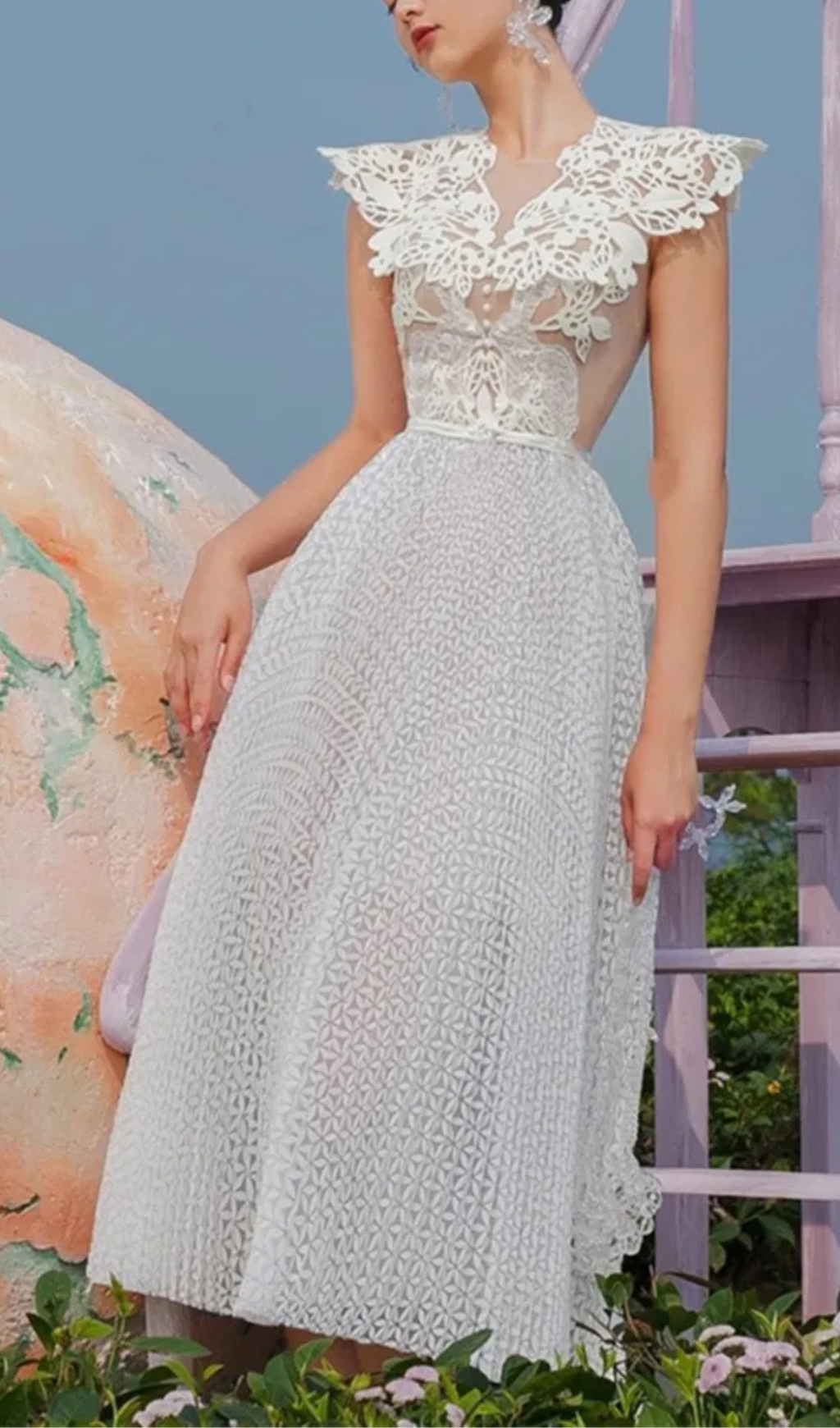 WHITE SLEEVELESS LACE FLORAL MIDI DRESS FOR WEDDING