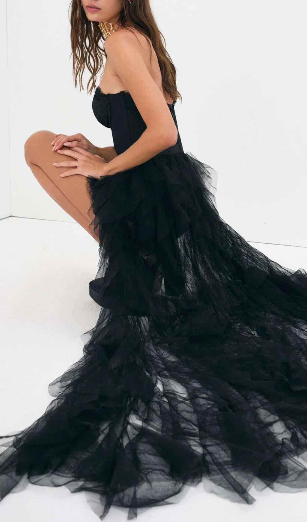 BLACK STRAPLESS LACE MESH MAXI DRESS