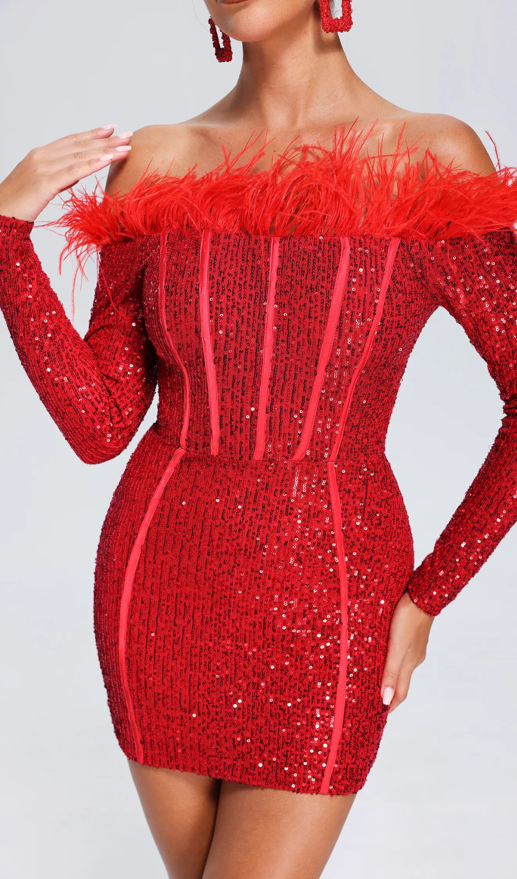 RED FEATHER SEQUIN LONG SLEEVE PARTY DRESS