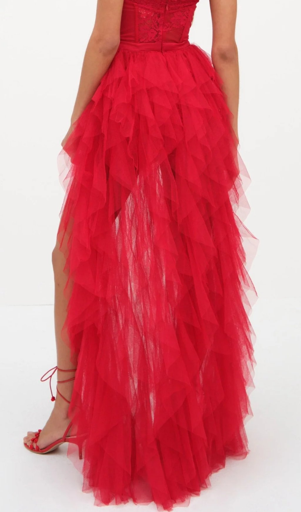 RED STRAPLESS LACE MESH MAXI DRESS, PARTY