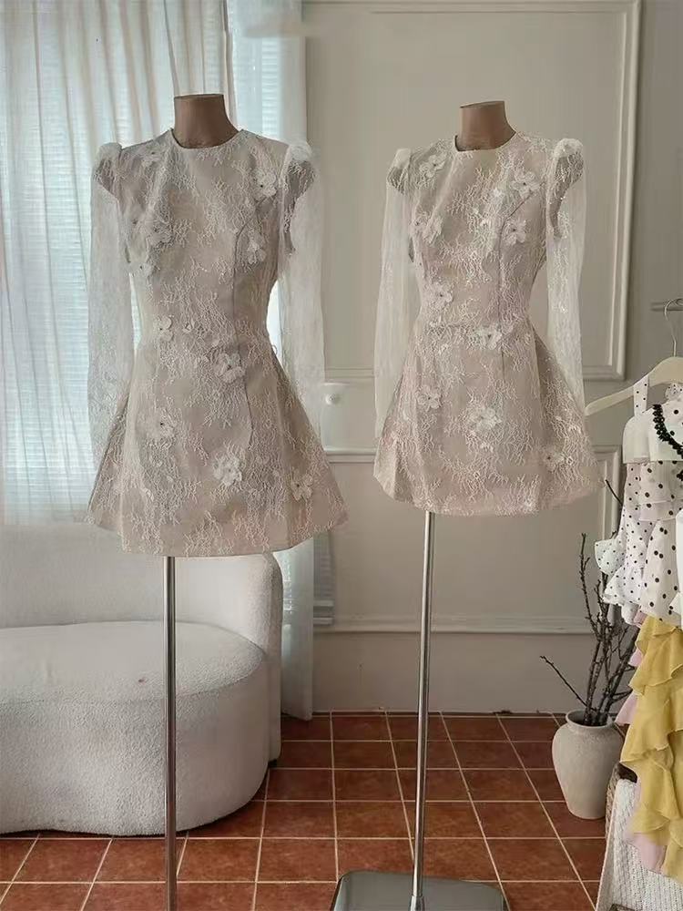 SHEER LACE FLORAL APPLIQUE MINI DRESS, LONG SLEEVE, BEIGE