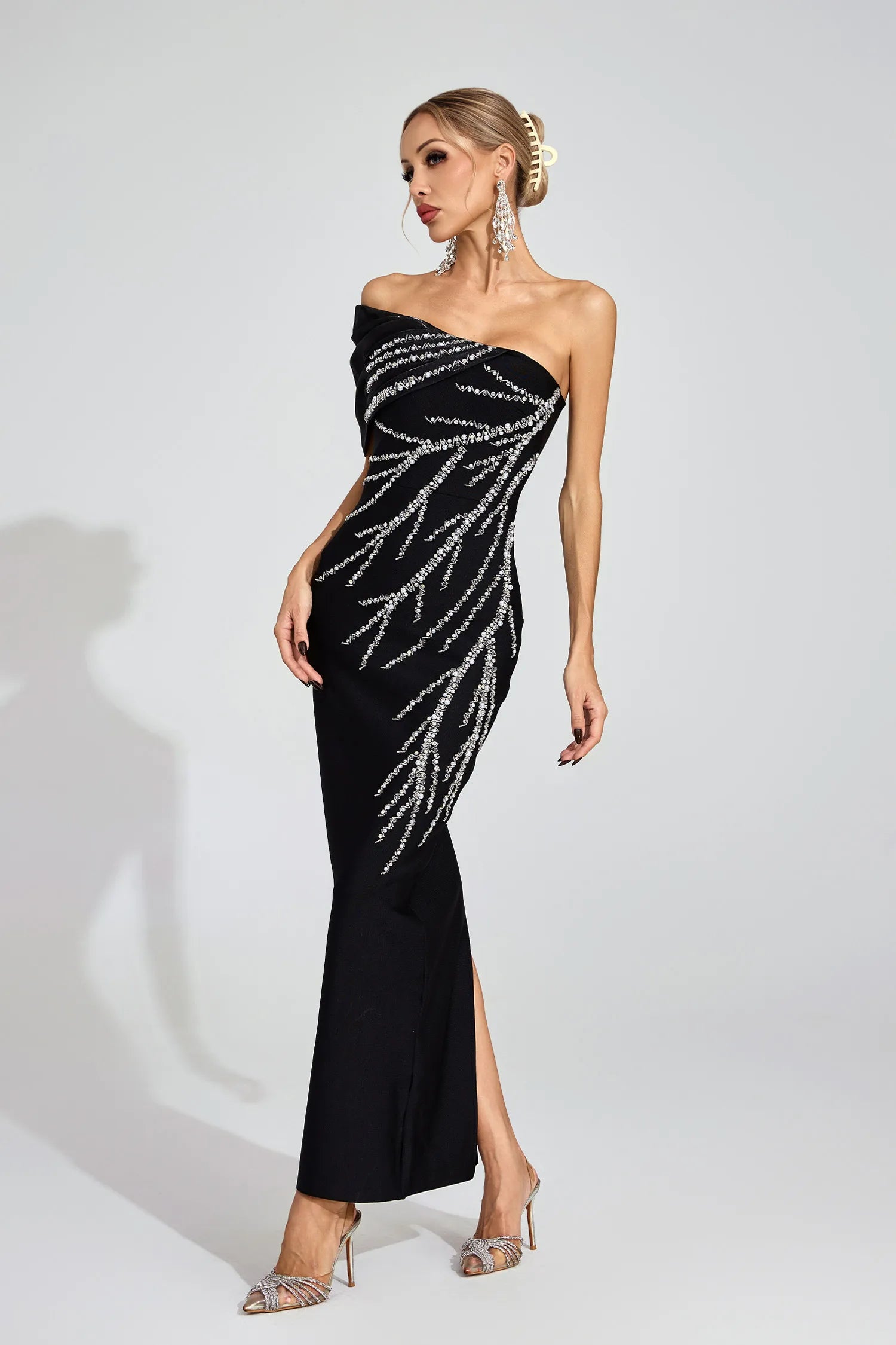 XAVIERA BLACK BANDAGE STRAPLESS MAXI DRESS