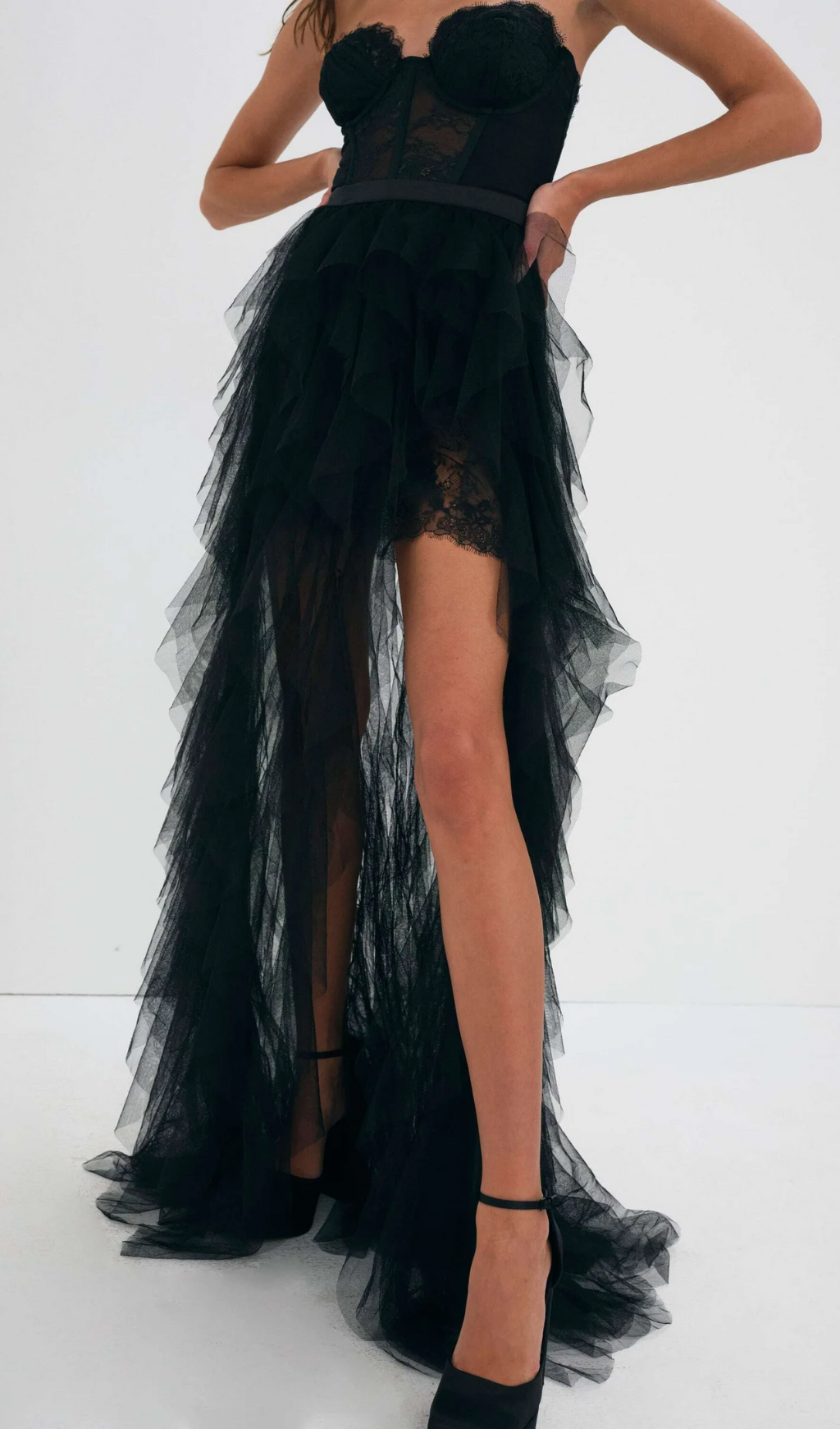 BLACK STRAPLESS LACE MESH MAXI DRESS