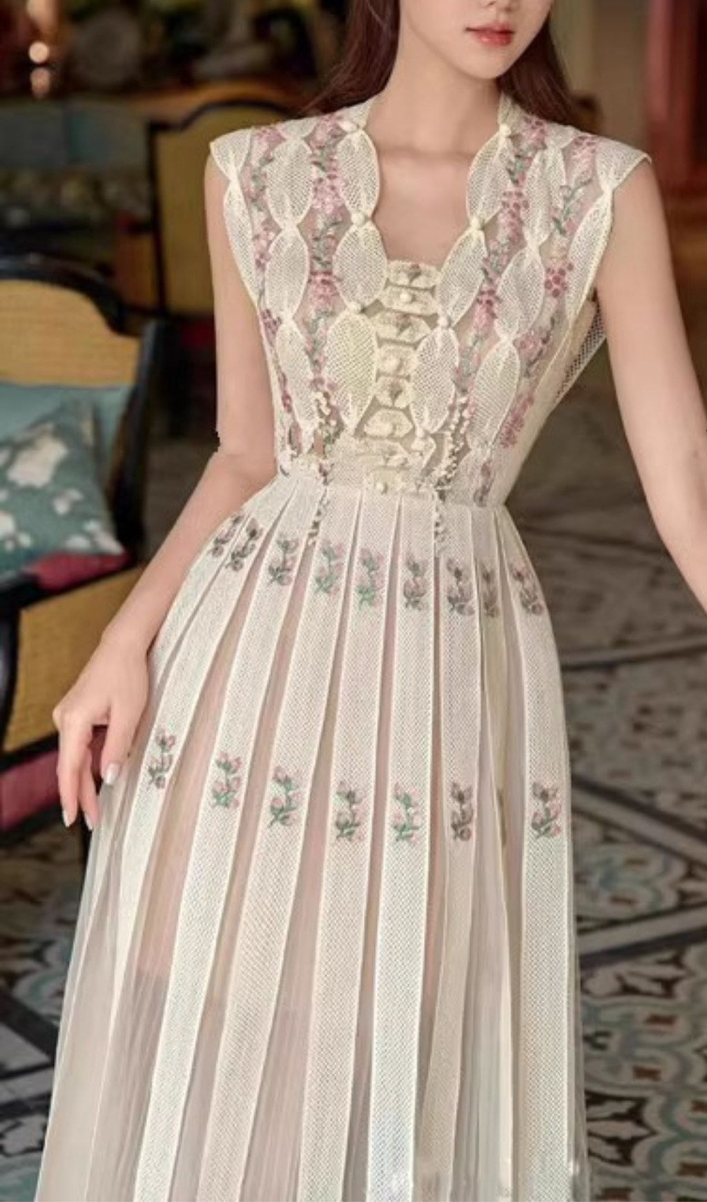 PEARL SLEEVELESS FLORAL MIDI DRESS FOR WEDDING