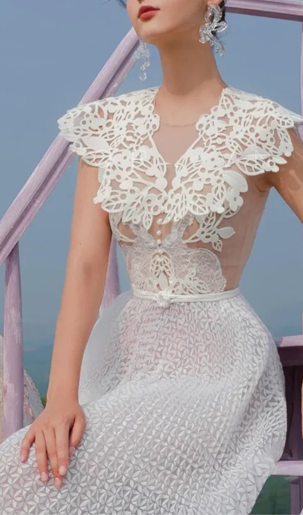 WHITE SLEEVELESS LACE FLORAL MIDI DRESS FOR WEDDING