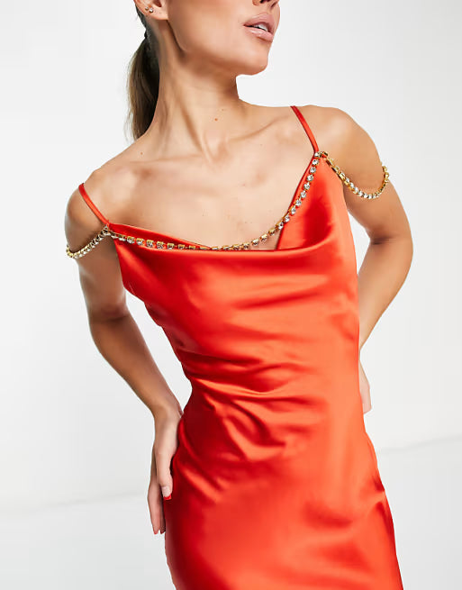 BURNT ORANGE EMBELLISHED SATIN CAMI MAXI DRESS