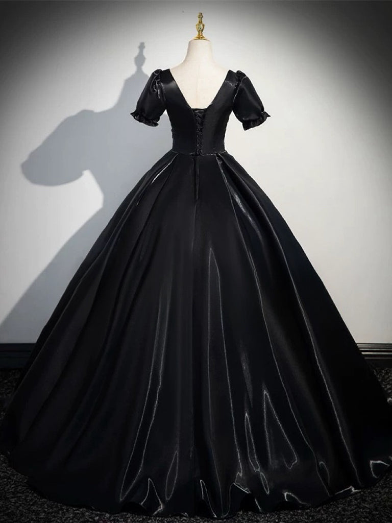 A-LINE SATIN BLACK PROM DRESS, SHORT SLEEVE