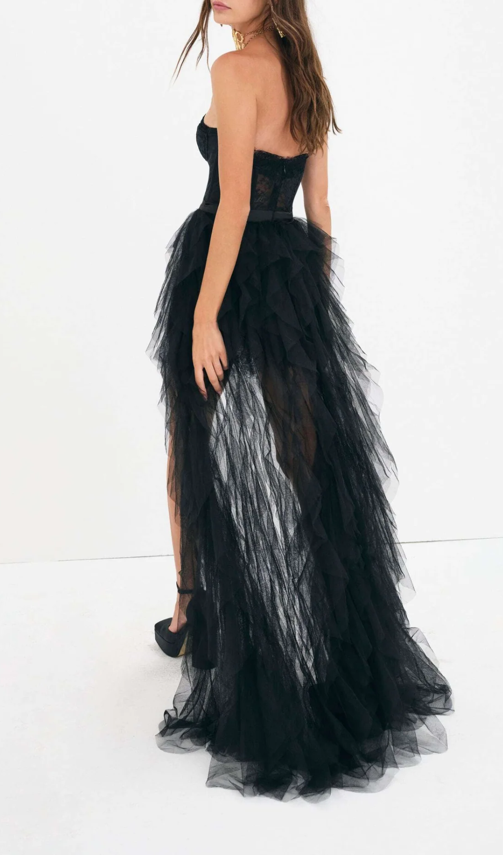 BLACK STRAPLESS LACE MESH MAXI DRESS
