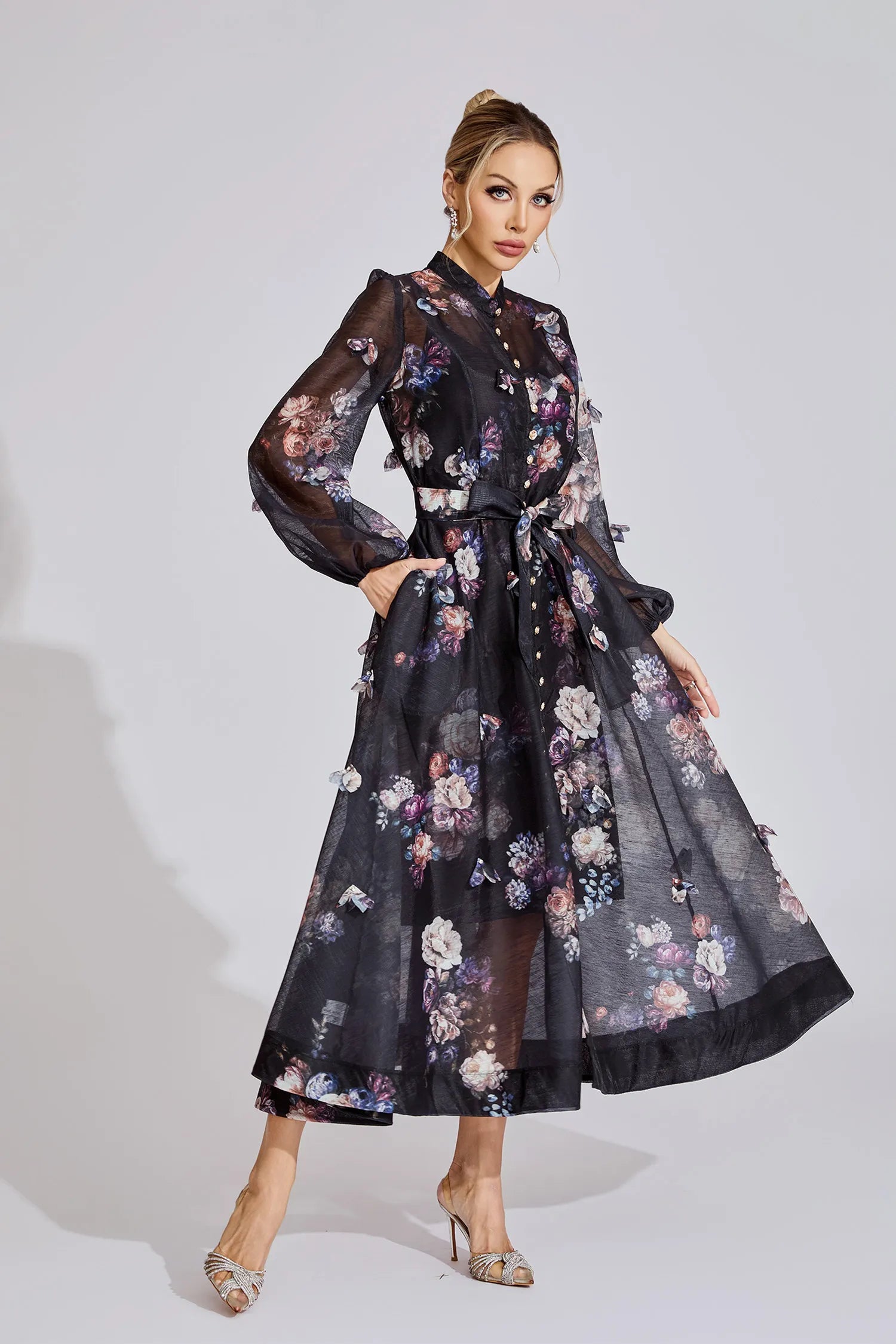TIFFANY BLACK FLORAL PUFF SLEEVE MAXI DRESS