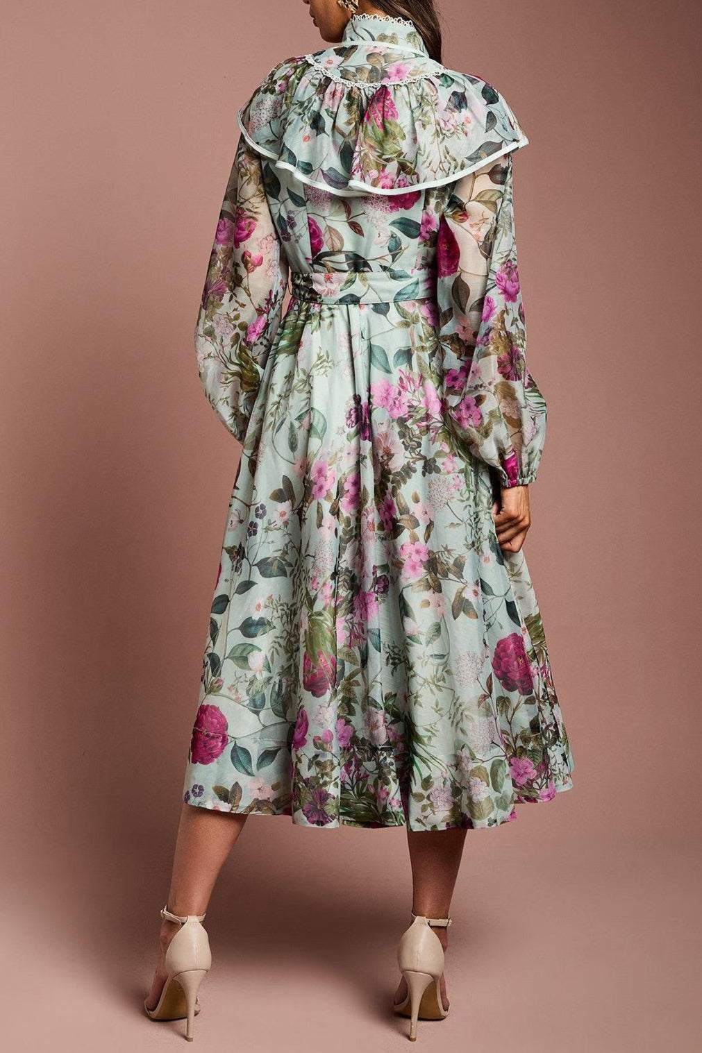 GREEN PRINTED ORGANZA MIDI SHIRT DRESS