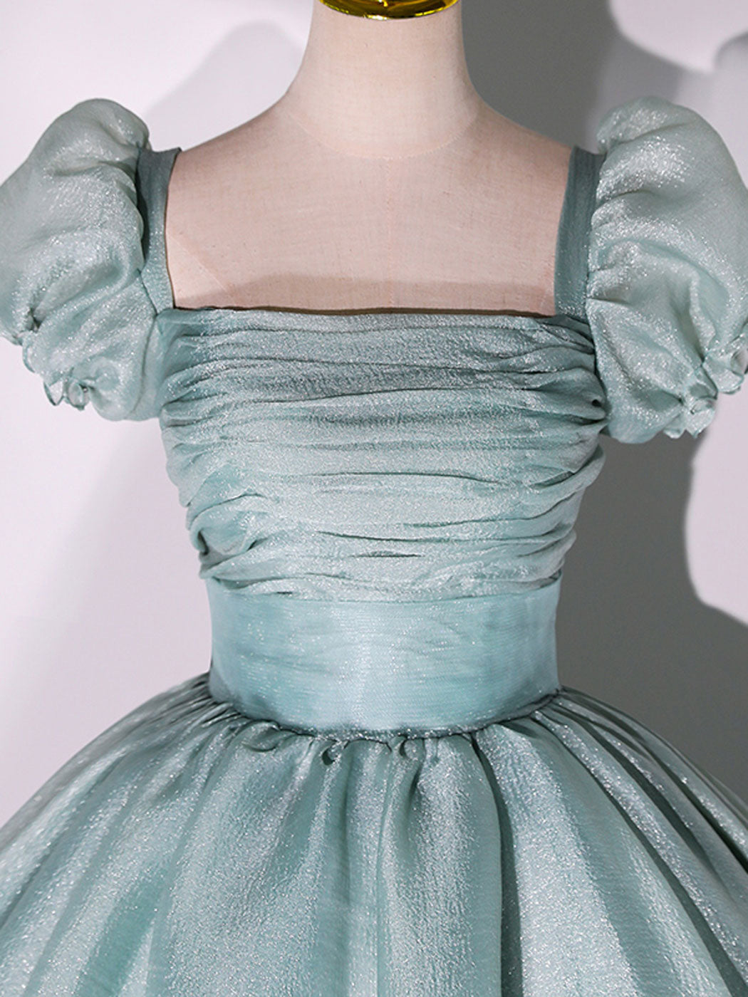 GREEN PUFF SLEEVE A-LINE PROM DRESS