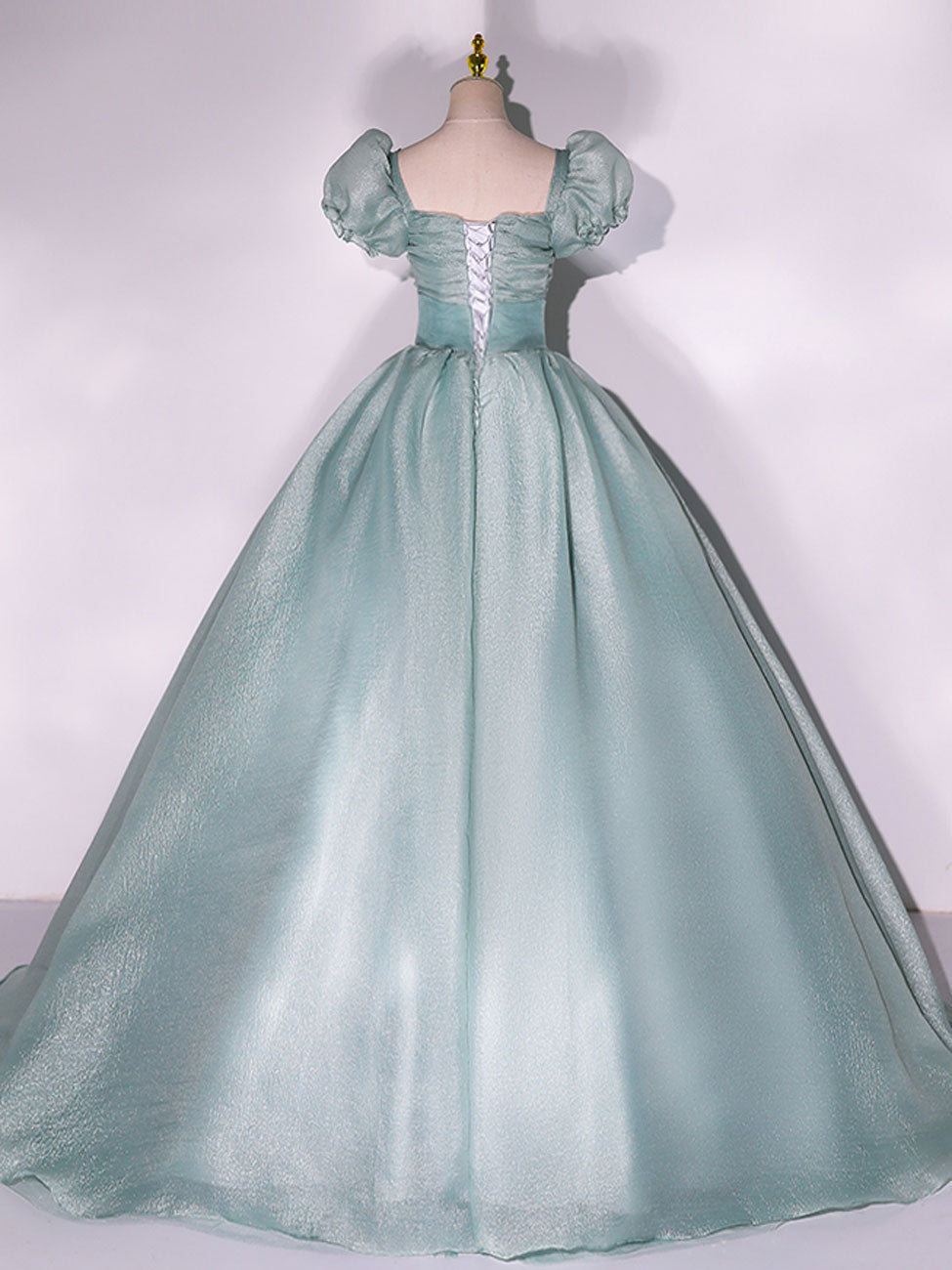 GREEN PUFF SLEEVE A-LINE PROM DRESS
