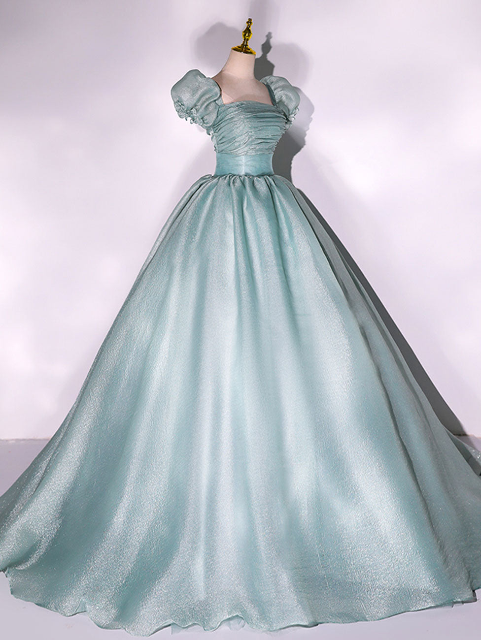 GREEN PUFF SLEEVE A-LINE PROM DRESS