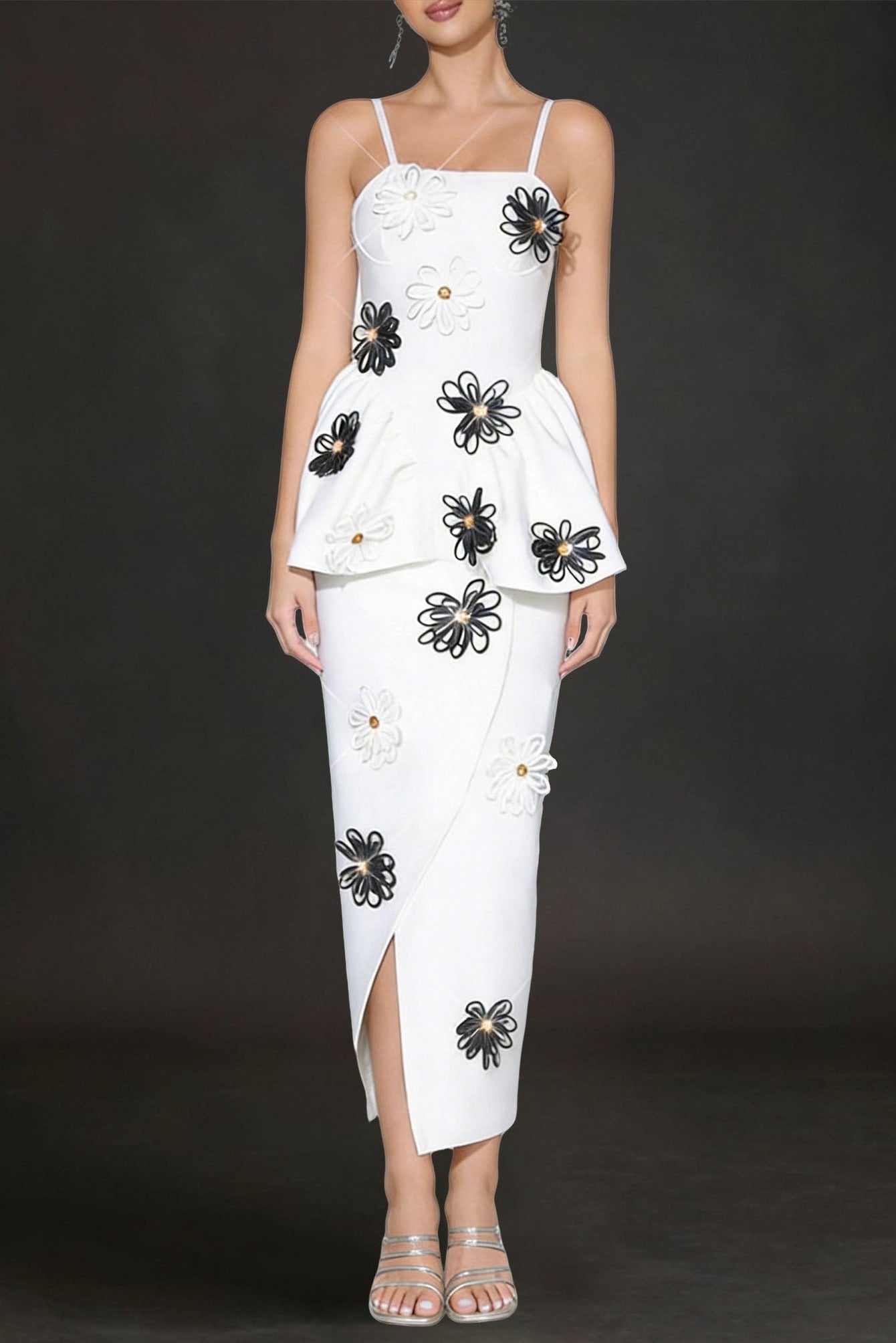 WHITE BANDAGE BODYCON MIDI DRESS WITH HANDMADE FLOWER