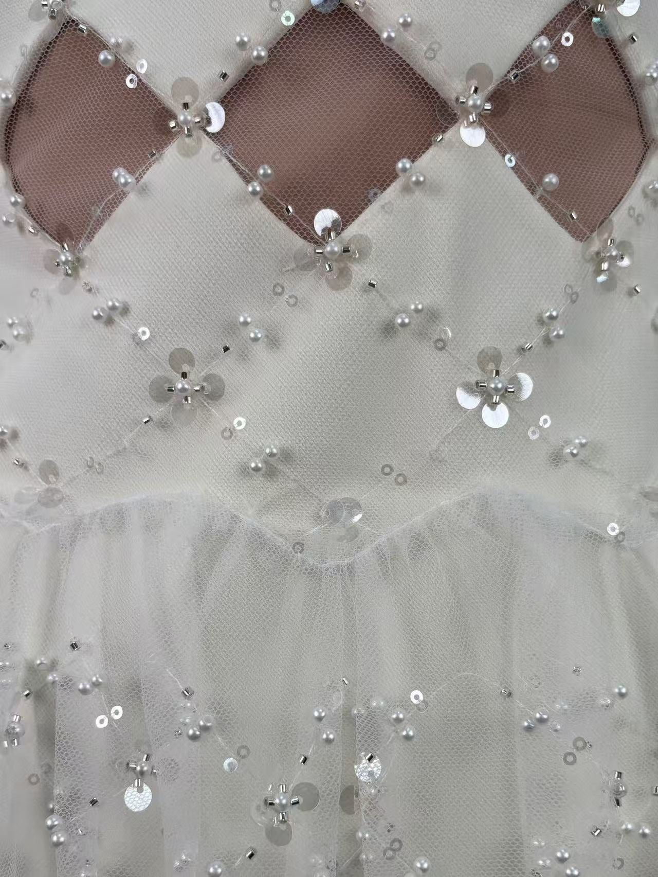 HENRIETTA IVORY SEQUIN MINI DRESS MESH PANEL