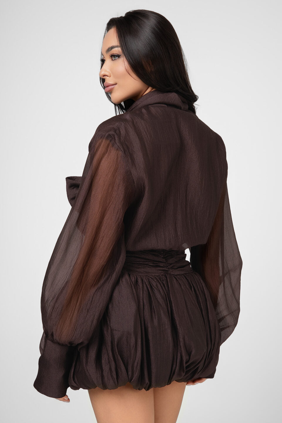 VIOLA DARK BROWN TIE-NECK BOW MINI SHIRT DRESS