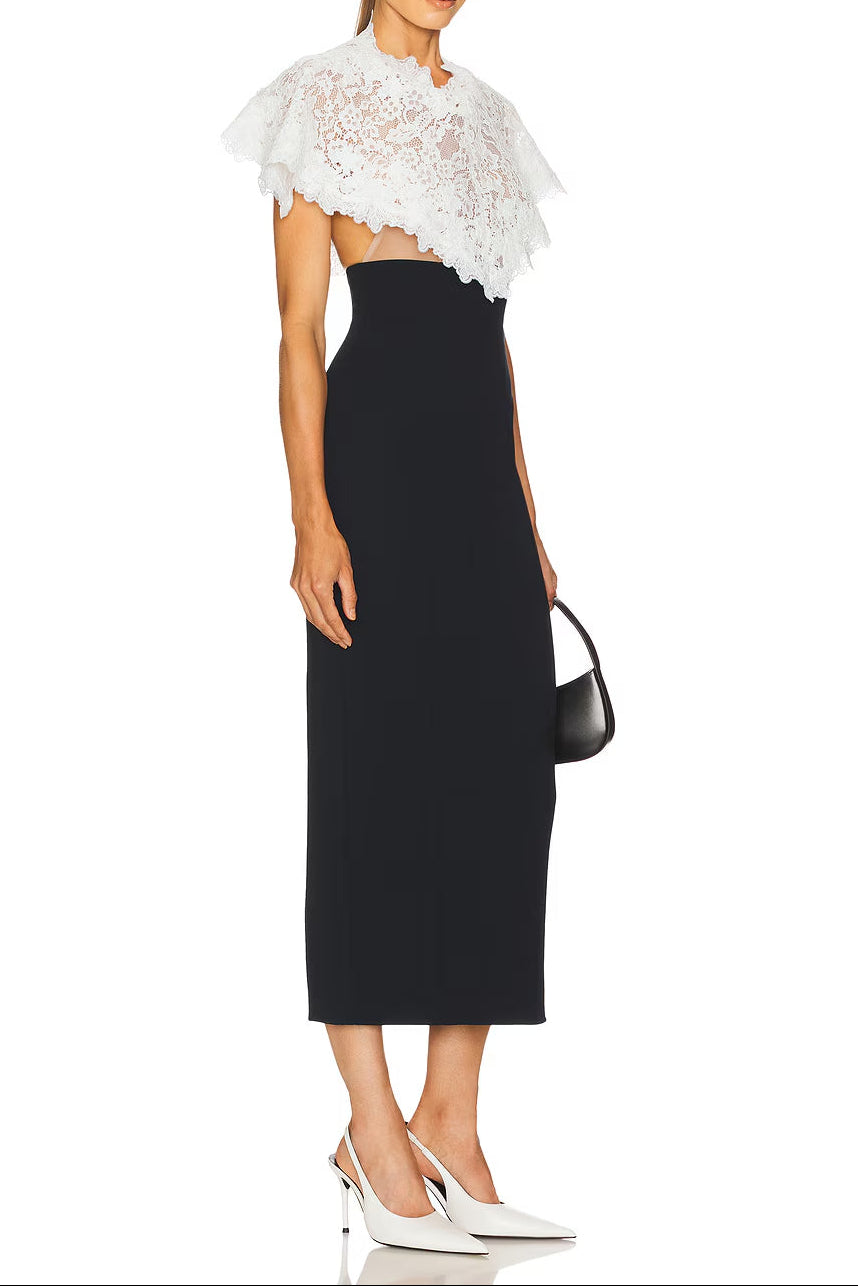 ALICE LACE BODYCON MIDI DRESS, BLACK PATCHWORK SHAWL