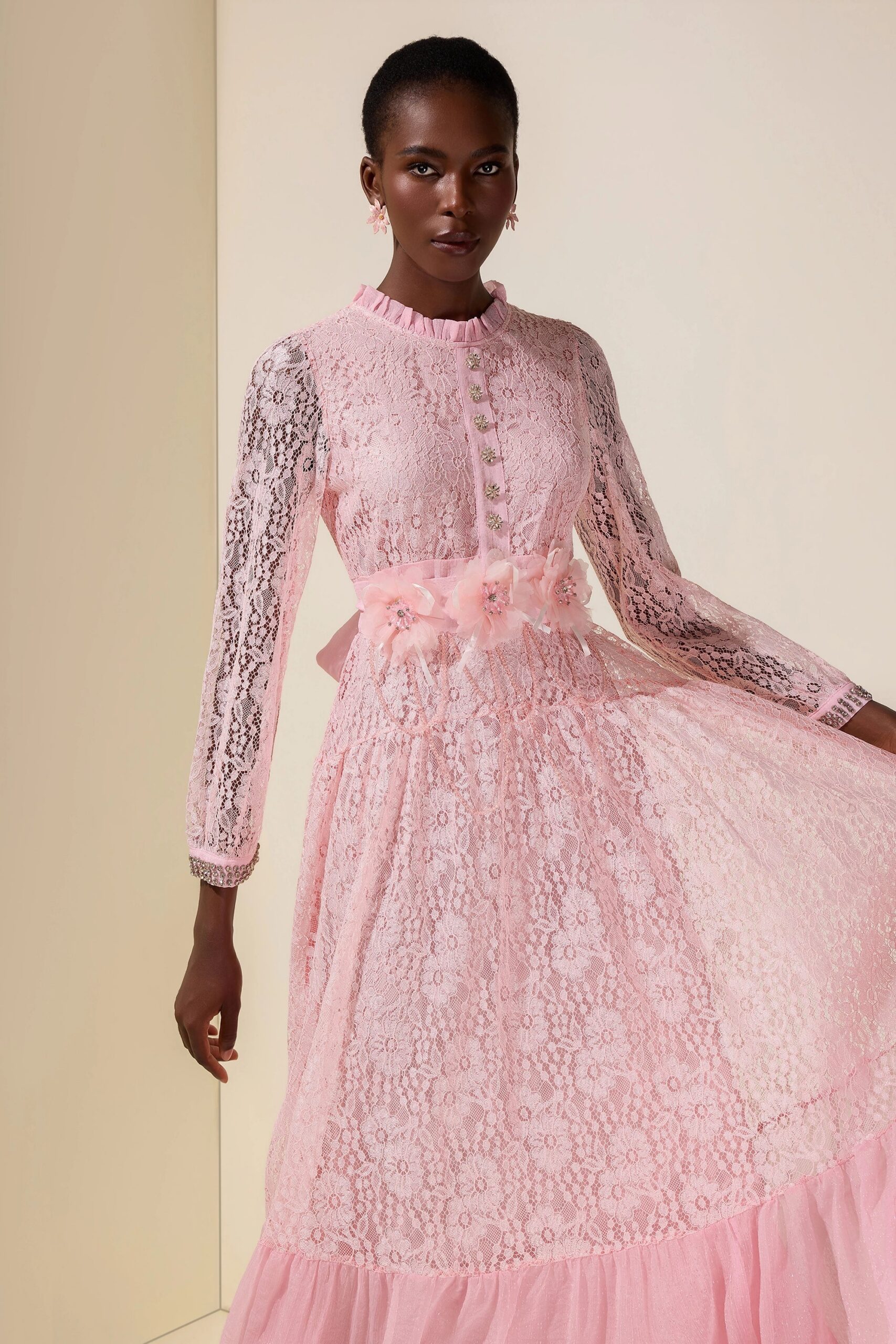 VIRGINIA LACE MIDI DRESS 3D FLOWER RHINESTONE PINK
