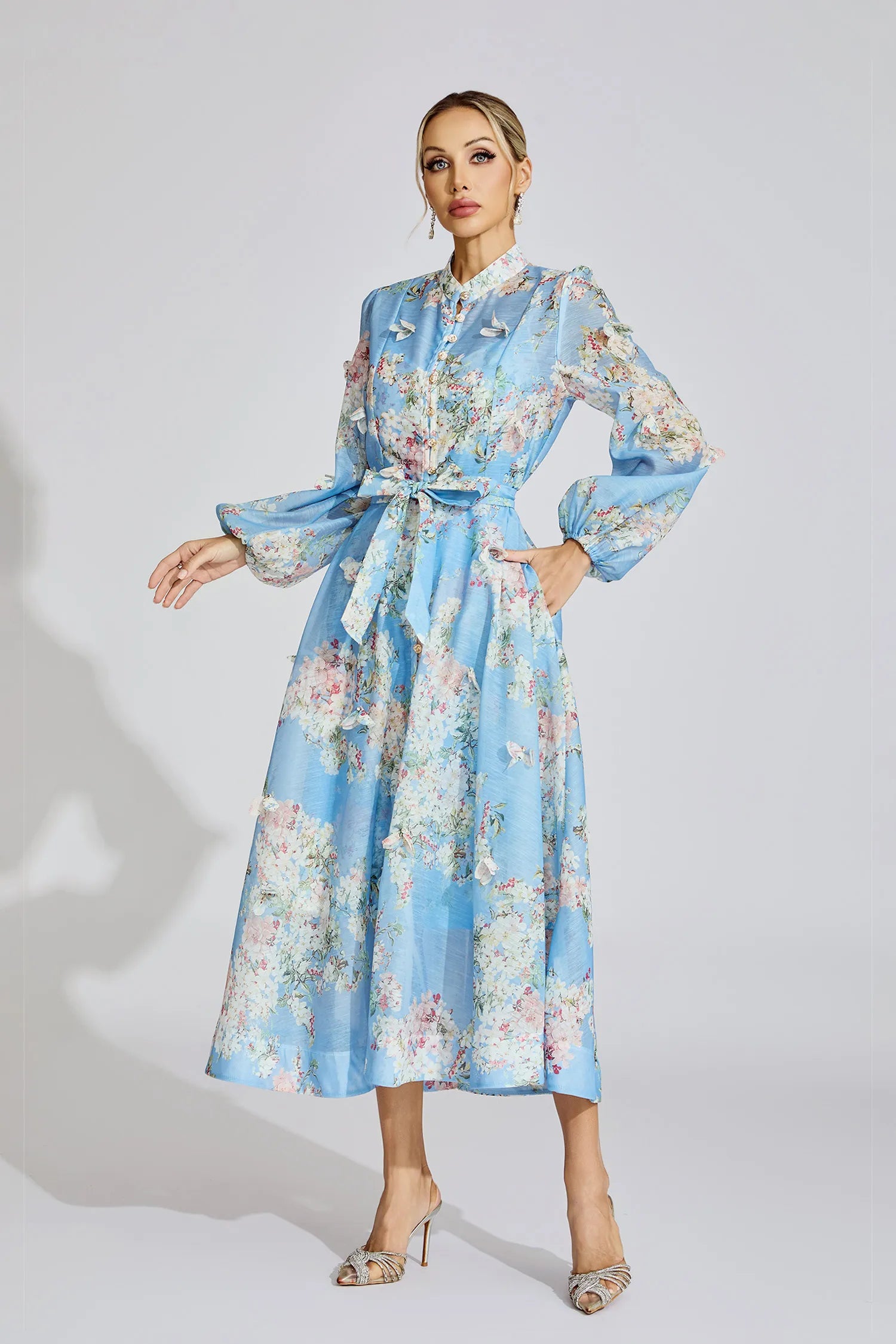 TIFFANY PALE BLUE FLORAL PUFF SLEEVE MAXI DRESS
