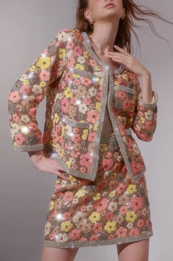 FLORAL DIAMOND TOP & MINI SKIRT SET PINK
