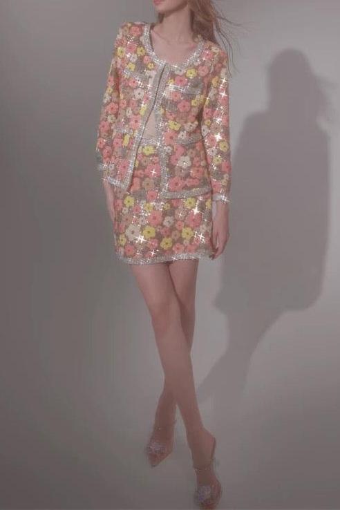 FLORAL DIAMOND TOP & MINI SKIRT SET PINK